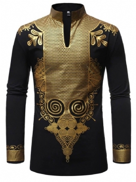 Afrikansk Mode Dashiki Stativ Krage Tryck Herrskjorta