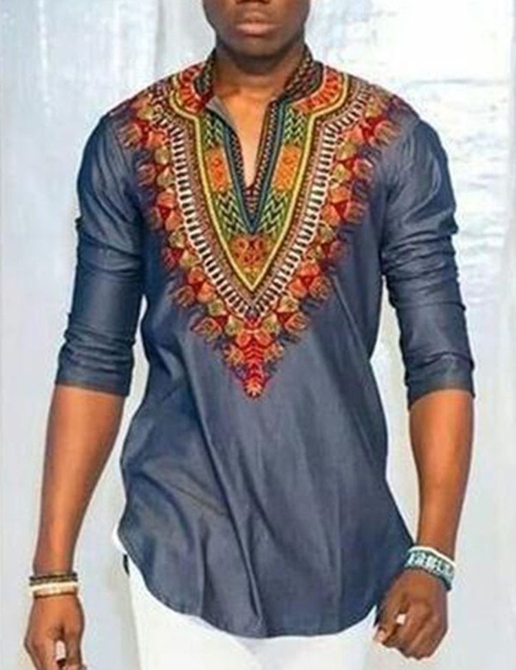 Afrikanskt Mode Dashiki Print Color Block V-Hals Slim T-Shirt För Män