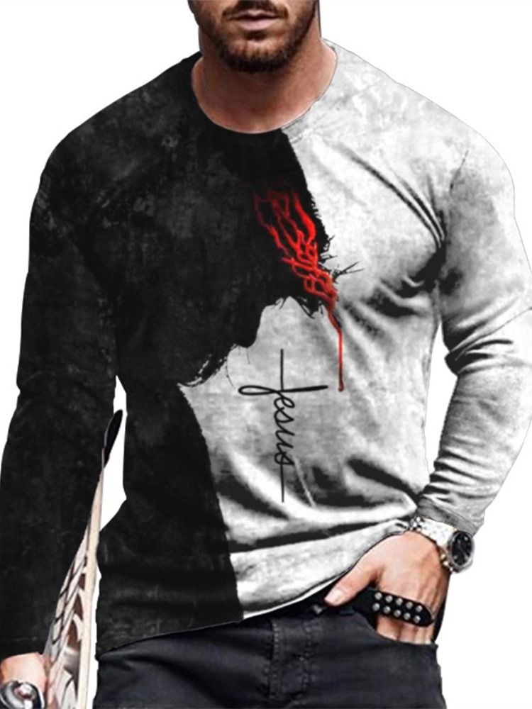 Avslappnad Rundhalstryck Långärmad Mode Slimmad T-Shirt