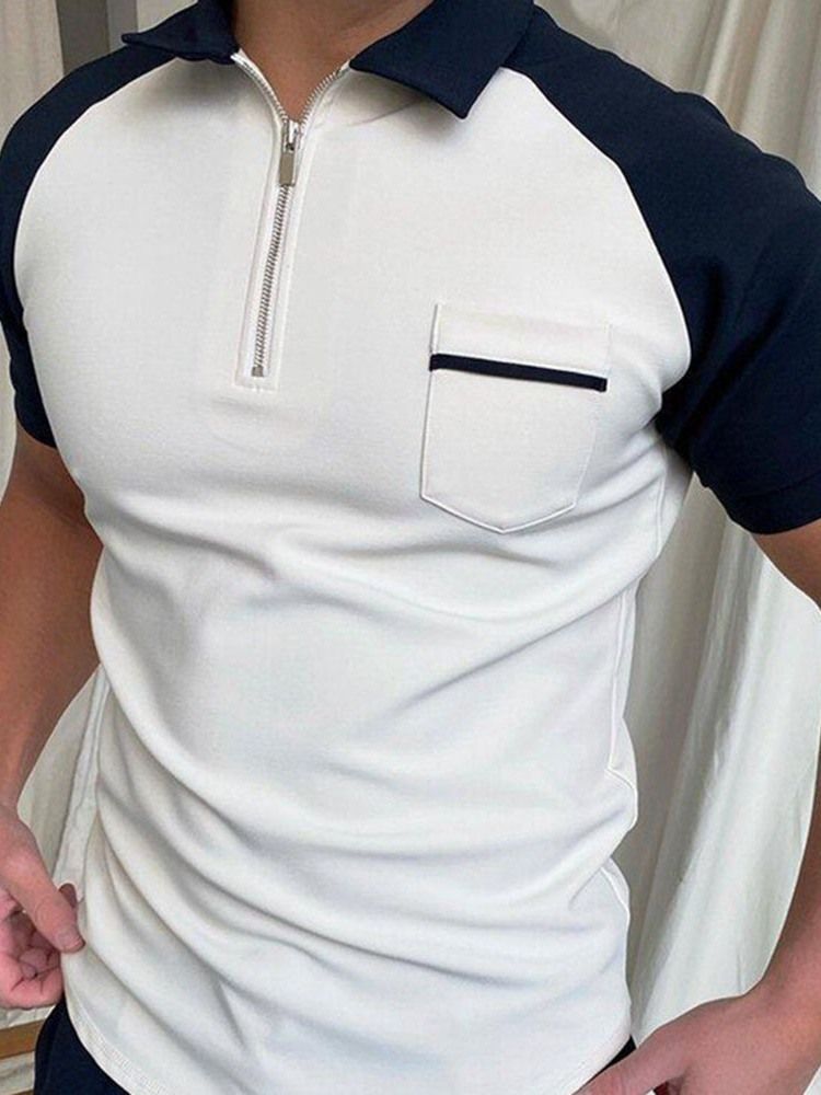 Blixtlås Color Block Casual Pikétröja För Män