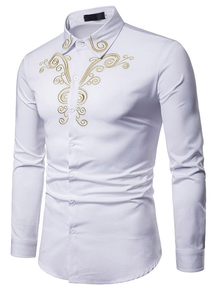 Blommig Broderi Casual Enkelknäppt Herrskjorta