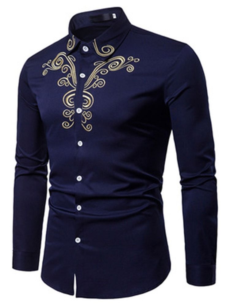 Blommig Broderi Casual Enkelknäppt Herrskjorta