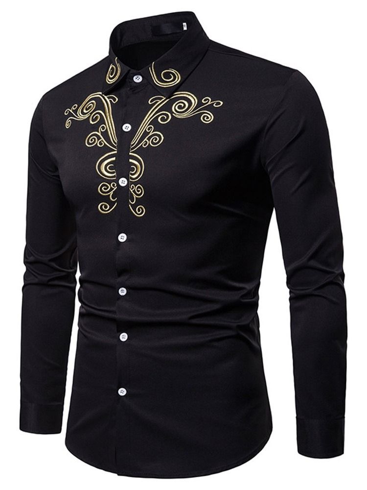 Blommig Broderi Casual Enkelknäppt Herrskjorta