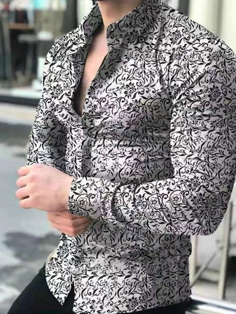Blommig Casual Lapel Enkelknäppt Slimmad Skjorta För Män