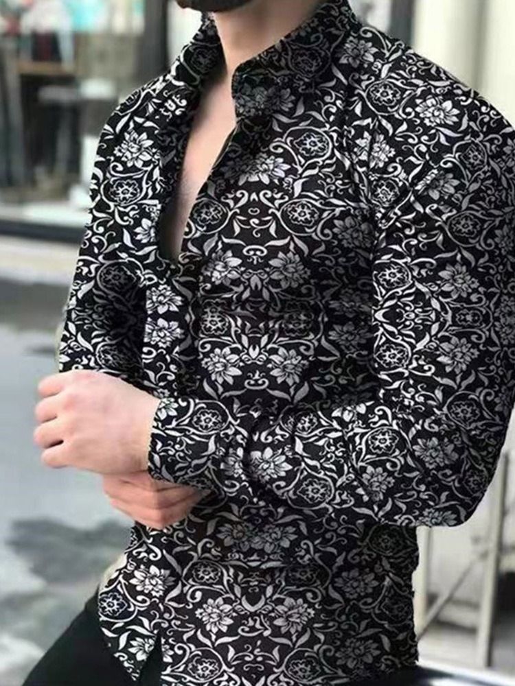 Blommig Casual Lapel Enkelknäppt Slimmad Skjorta För Män