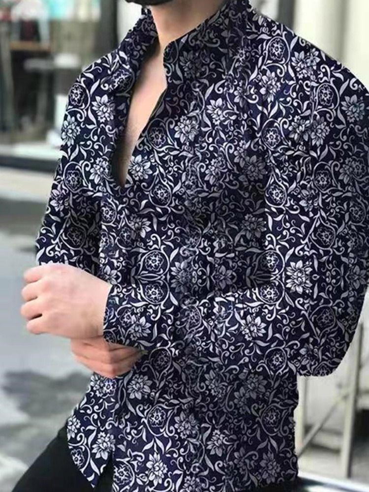 Blommig Casual Lapel Enkelknäppt Slimmad Skjorta För Män