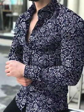 Blommig Casual Lapel Enkelknäppt Slimmad Skjorta För Män