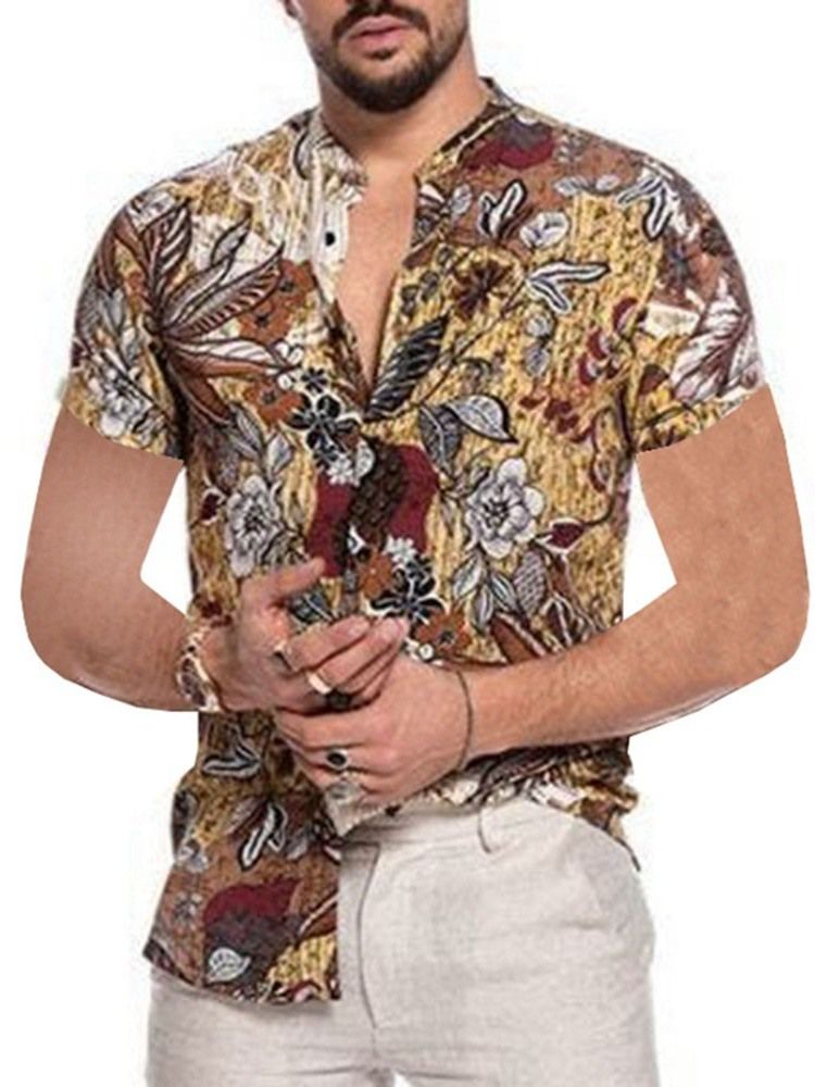 Blommig Lapel Casual Slim Sommarskjorta För Män