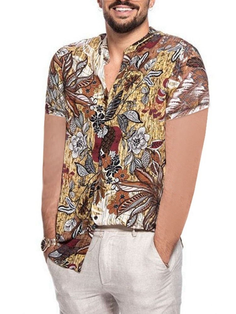 Blommig Lapel Casual Slim Sommarskjorta För Män