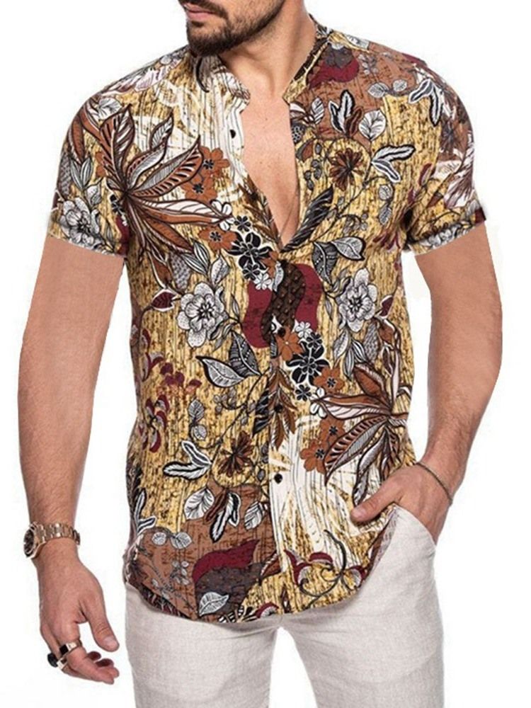 Blommig Lapel Casual Slim Sommarskjorta För Män