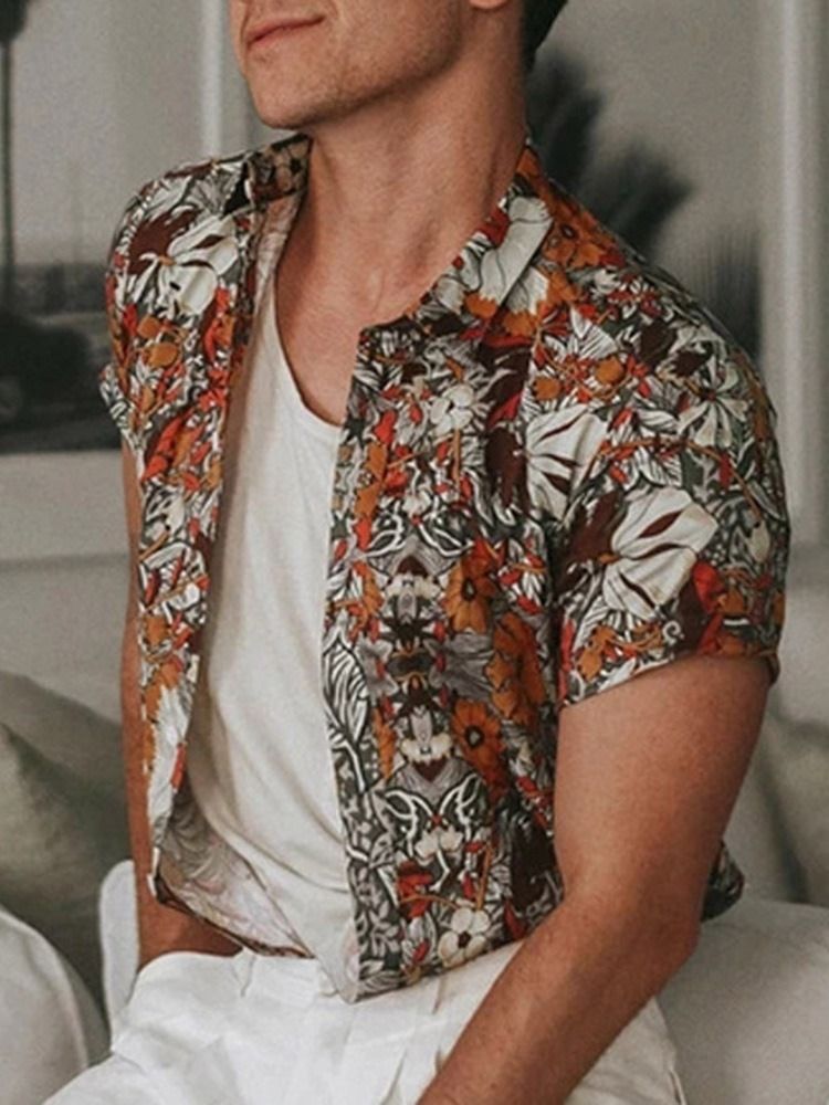 Blommig Lapel Enkelknäppt Herrskjorta