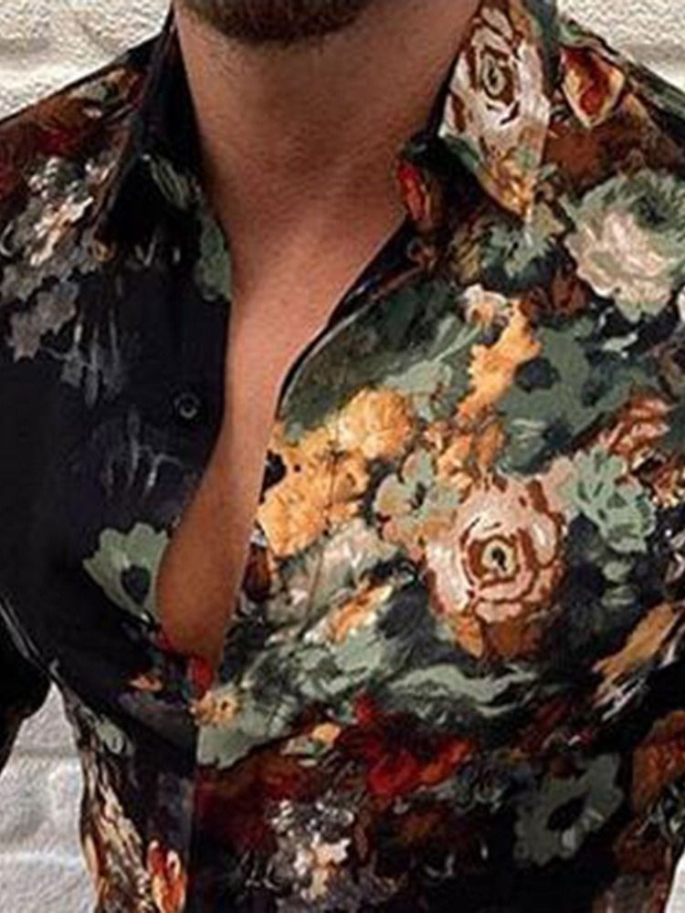 Blommig Lapel Mode Enkelknäppt Slimmad Skjorta För Män