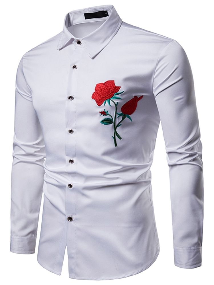 Blommig Tryckt Slim Button Up Lapel Mäns Casual Klänning Shirts