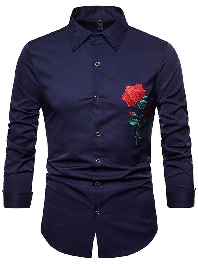 Blommig Tryckt Slim Button Up Lapel Mäns Casual Klänning Shirts