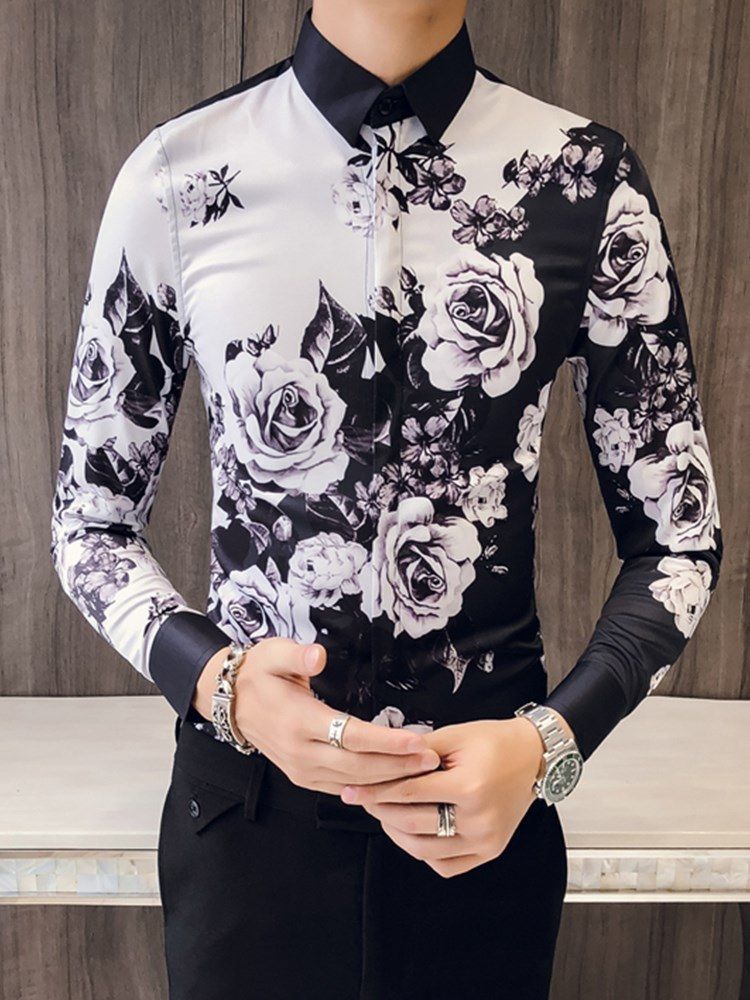 Blommönster Color Block Slimma Casual Party Shirts För Män
