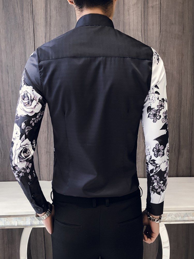 Blommönster Color Block Slimma Casual Party Shirts För Män