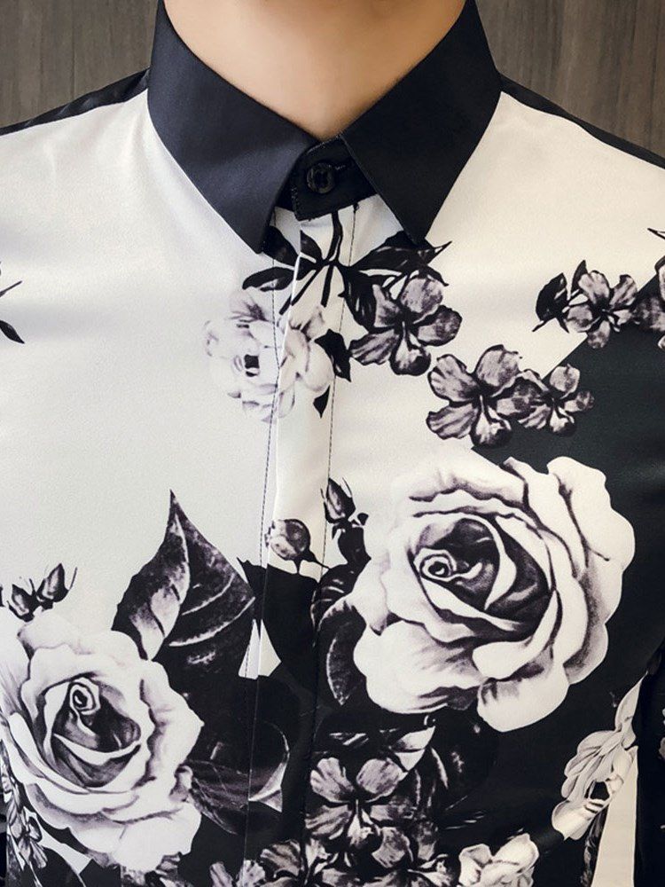 Blommönster Color Block Slimma Casual Party Shirts För Män