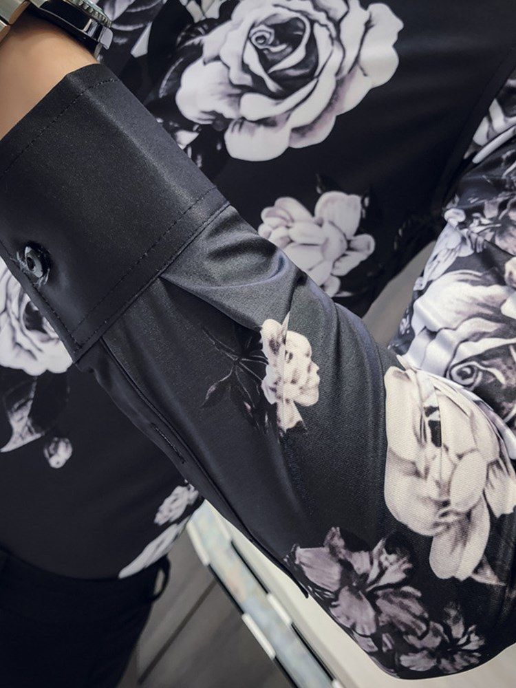 Blommönster Color Block Slimma Casual Party Shirts För Män