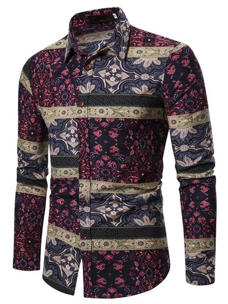 Blommönster Lapel Enkelknäppt Slim Shirt För Män