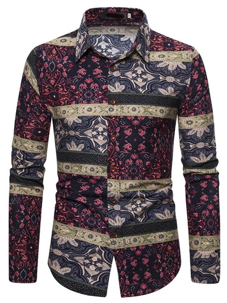 Blommönster Lapel Enkelknäppt Slim Shirt För Män