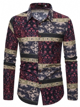 Blommönster Lapel Enkelknäppt Slim Shirt För Män
