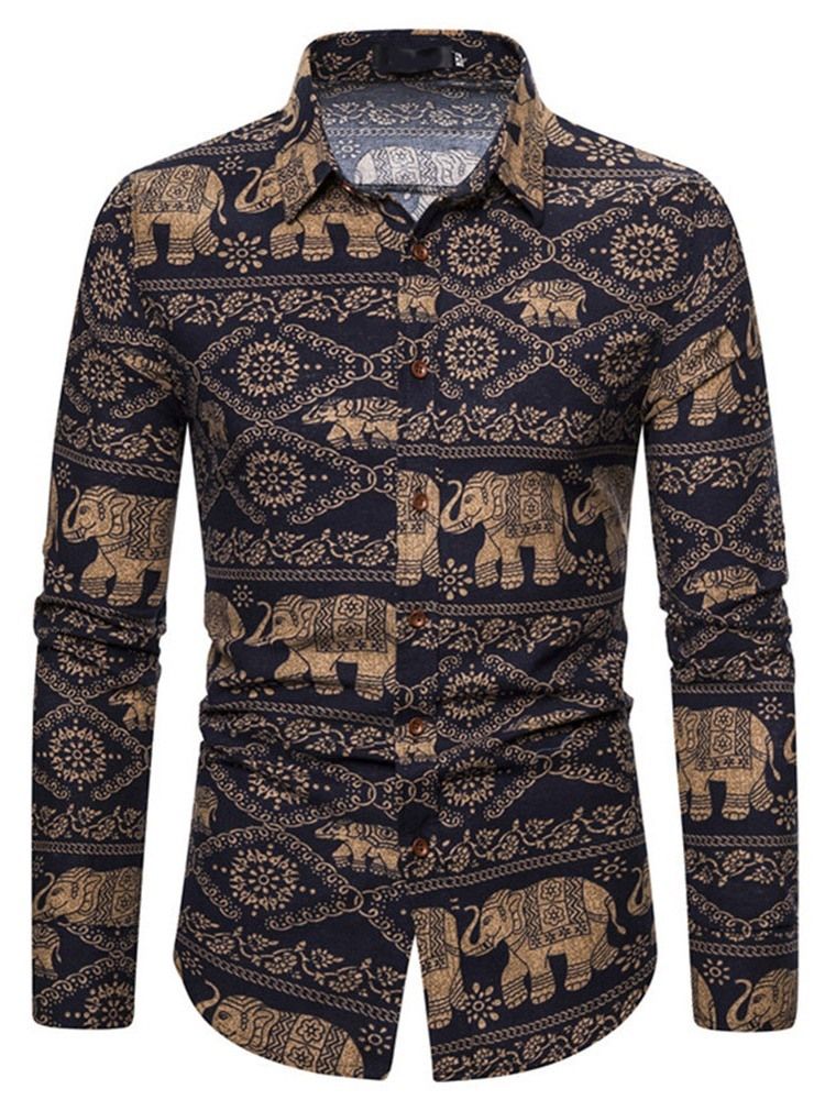 Blommönster Lapel Spring Slim Skjorta För Män