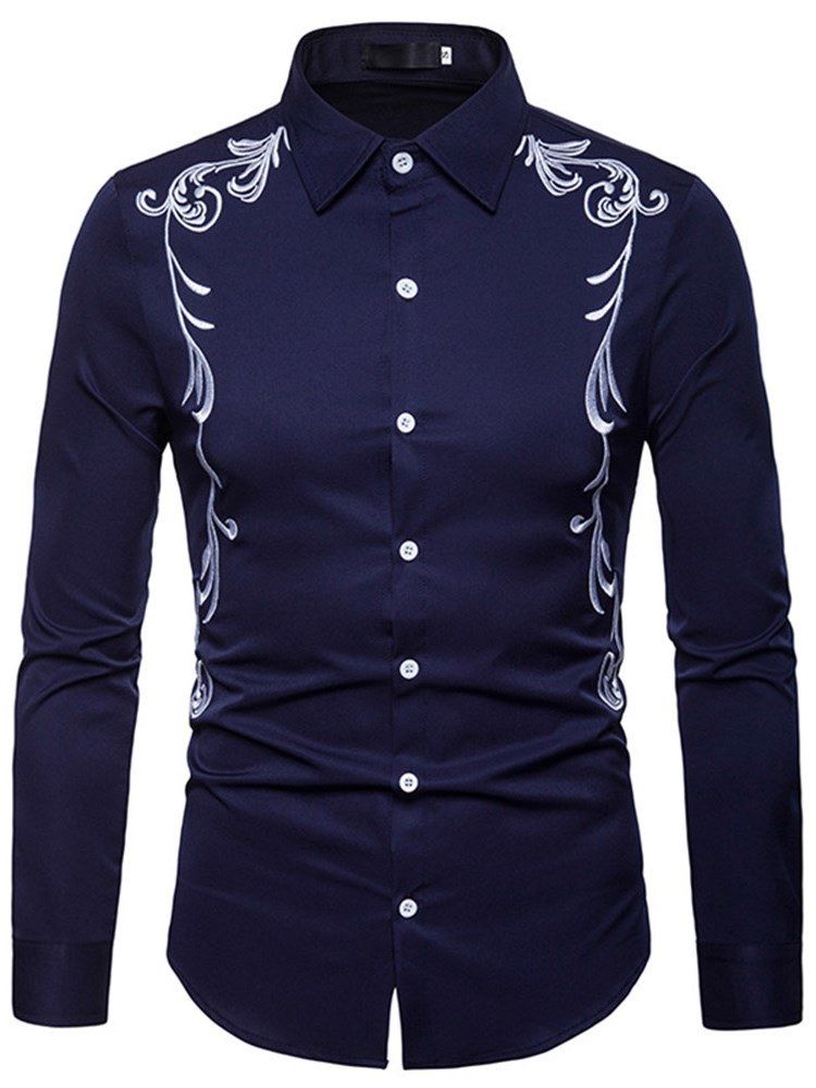 Broderitryckta Slim Button Up Mäns Fritidsskjortor