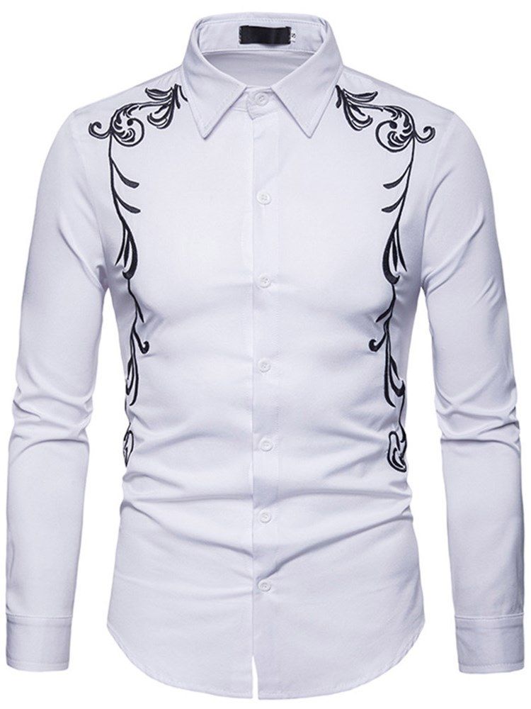 Broderitryckta Slim Button Up Mäns Fritidsskjortor