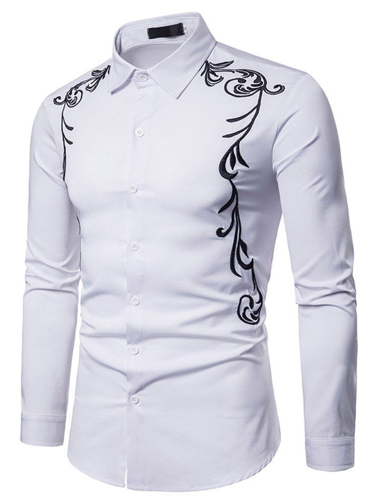 Broderitryckta Slim Button Up Mäns Fritidsskjortor