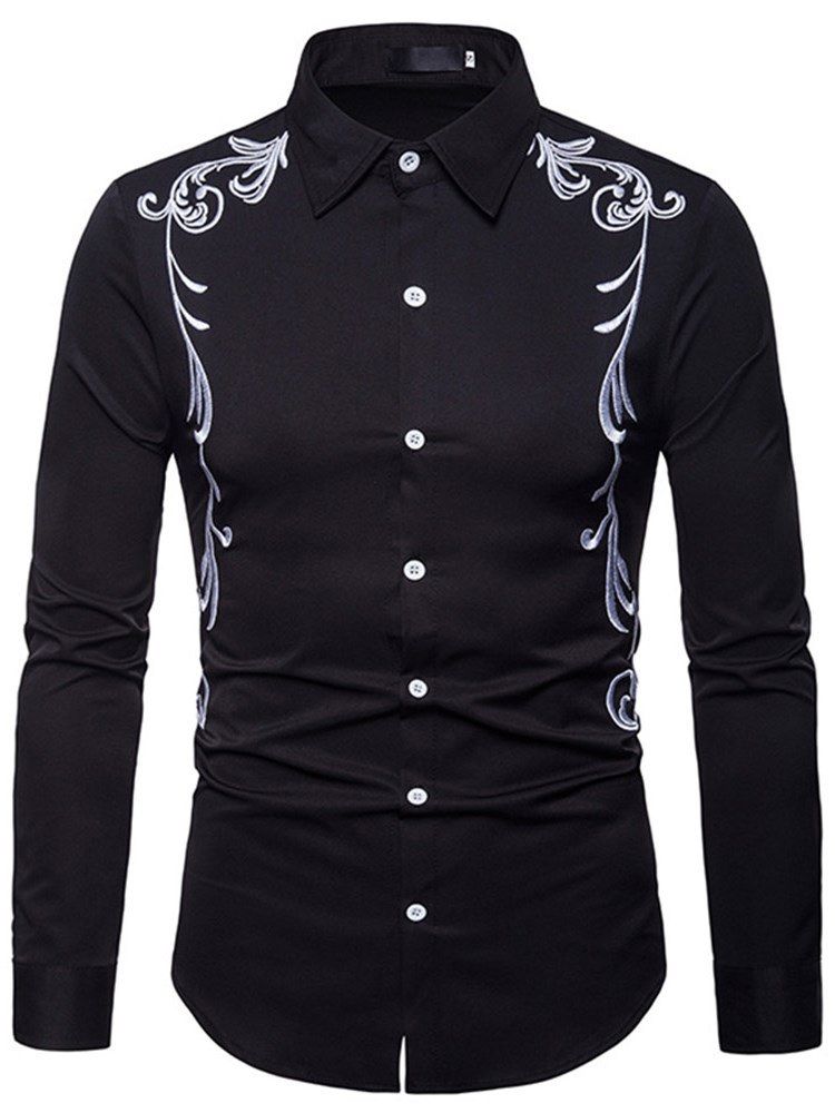 Broderitryckta Slim Button Up Mäns Fritidsskjortor