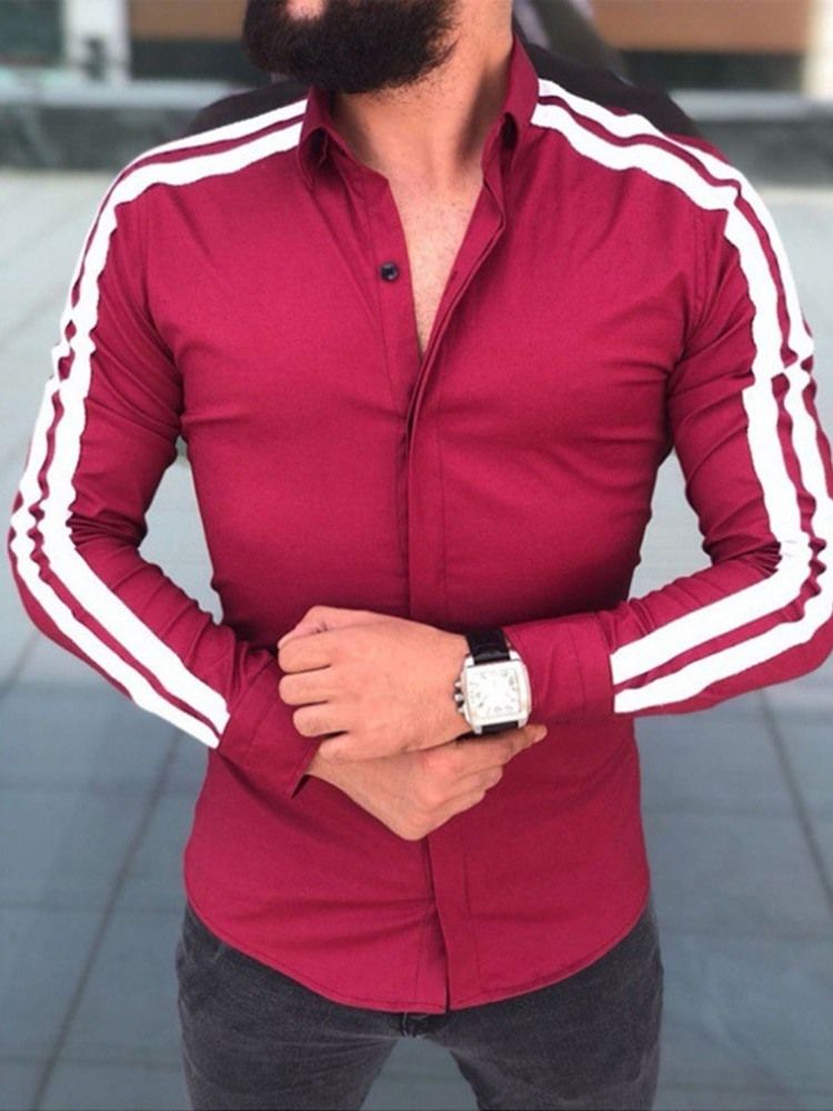 Button Lapel Casual Enkelknäppt Långärmad Slimmad Skjorta För Män