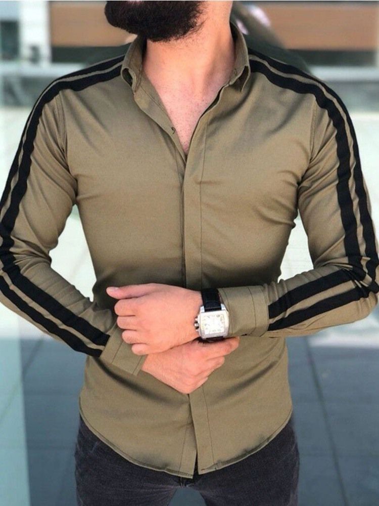 Button Lapel Casual Enkelknäppt Långärmad Slimmad Skjorta För Män