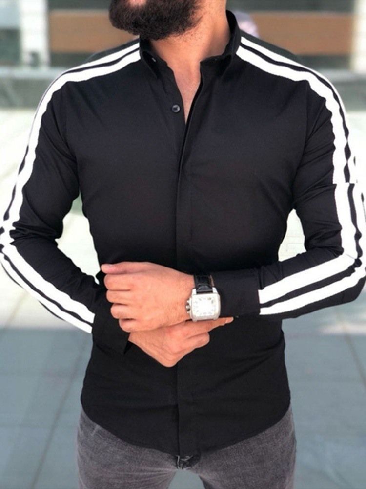 Button Lapel Casual Enkelknäppt Långärmad Slimmad Skjorta För Män