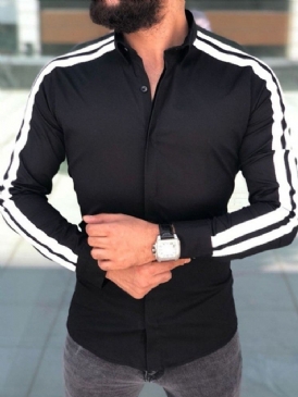 Button Lapel Casual Enkelknäppt Långärmad Slimmad Skjorta För Män
