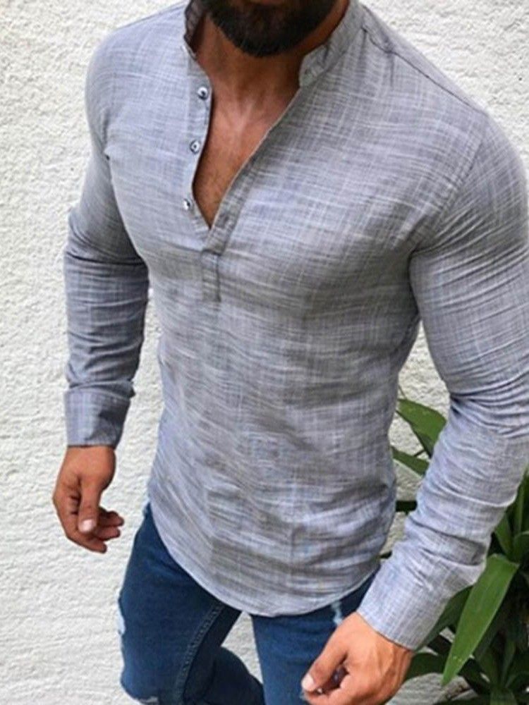 Button Lapel Casual Långärmad Slimmad Skjorta För Män
