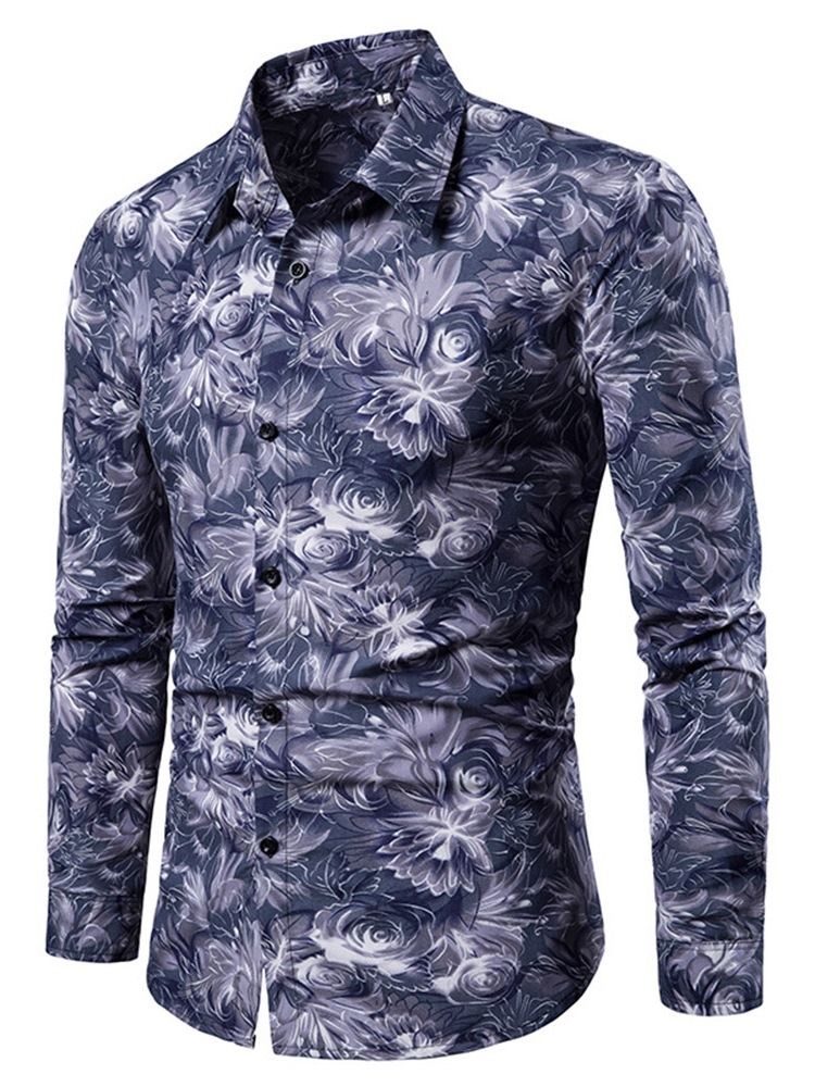 Button Lapel Color Block Slim Shirt För Män