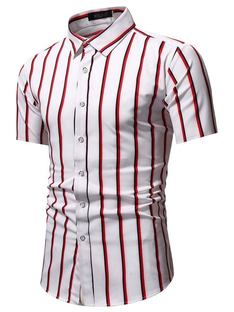 Button Lapel Stripe Enkelknäppt Slimmad Skjorta För Män