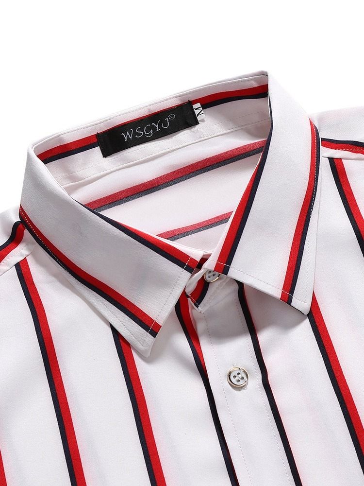 Button Lapel Stripe Enkelknäppt Slimmad Skjorta För Män