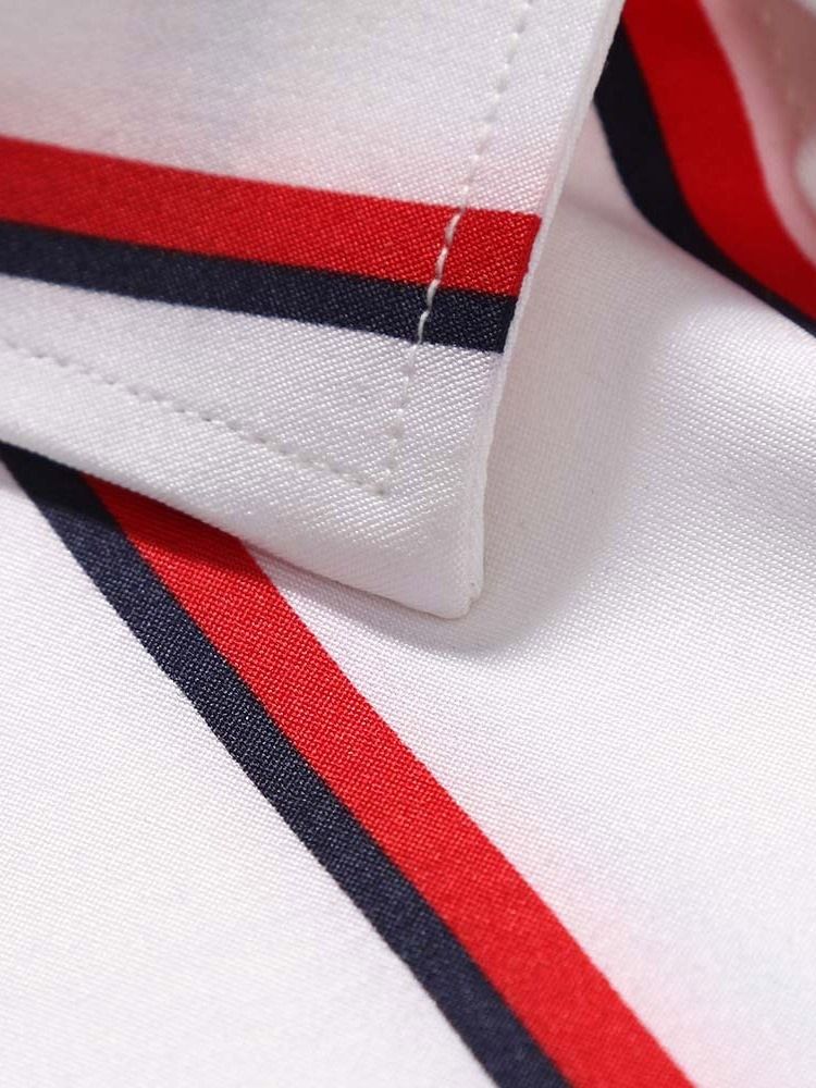 Button Lapel Stripe Enkelknäppt Slimmad Skjorta För Män