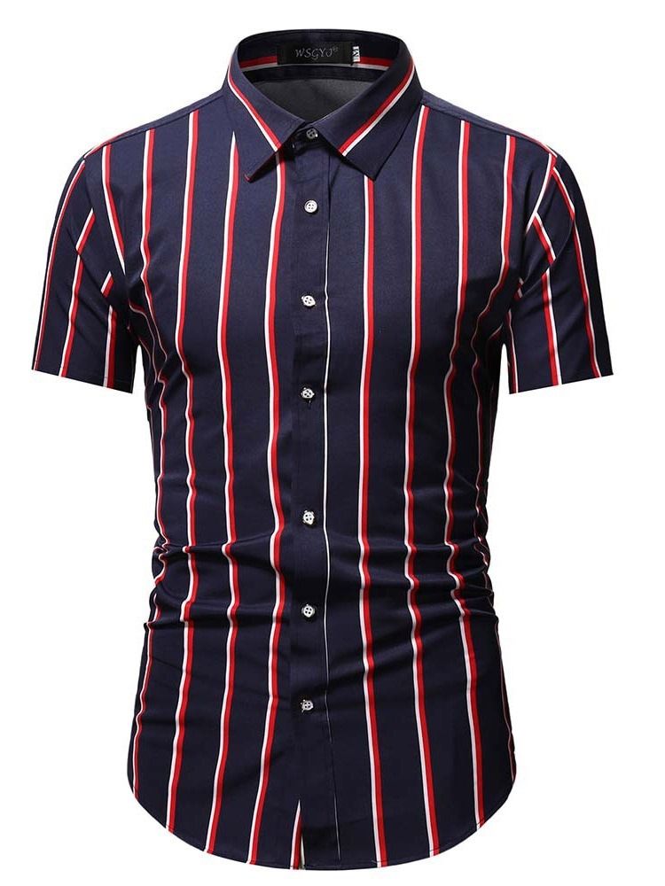 Button Lapel Stripe Enkelknäppt Slimmad Skjorta För Män