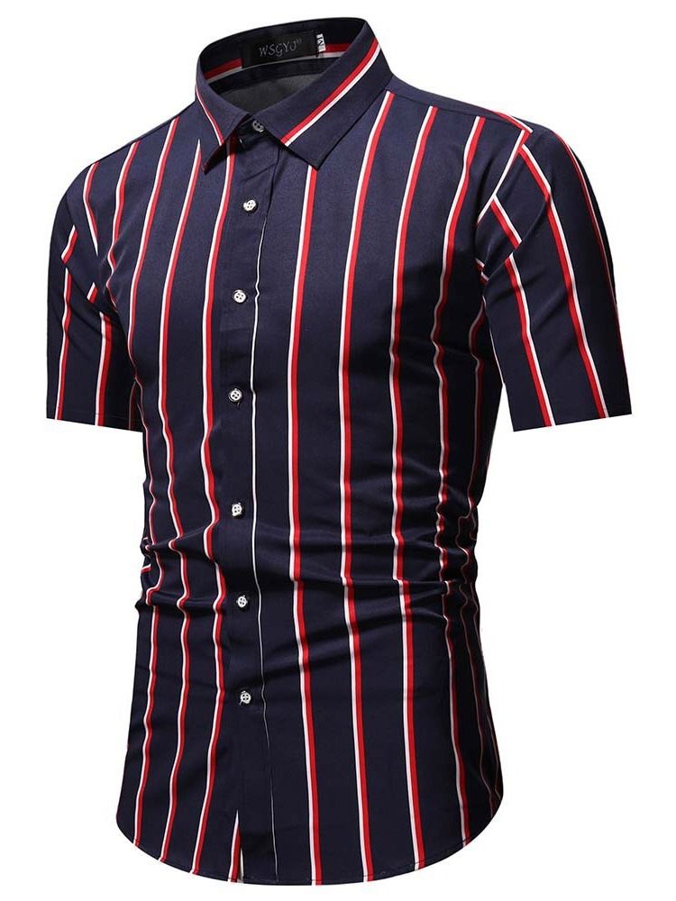 Button Lapel Stripe Enkelknäppt Slimmad Skjorta För Män