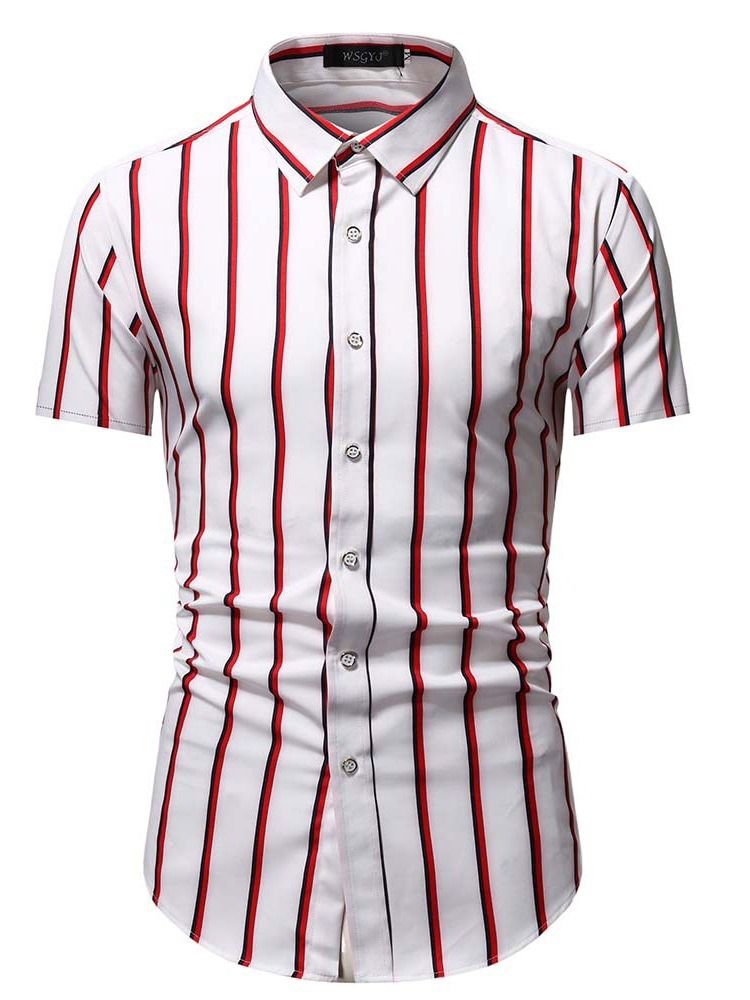 Button Lapel Stripe Enkelknäppt Slimmad Skjorta För Män