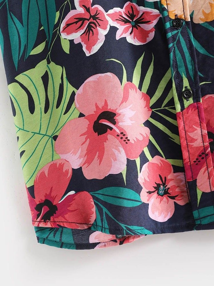 Casual Blommig Lapel Enkelknäppt Skjorta För Män