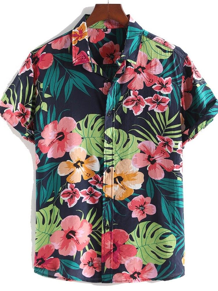 Casual Blommig Lapel Enkelknäppt Skjorta För Män