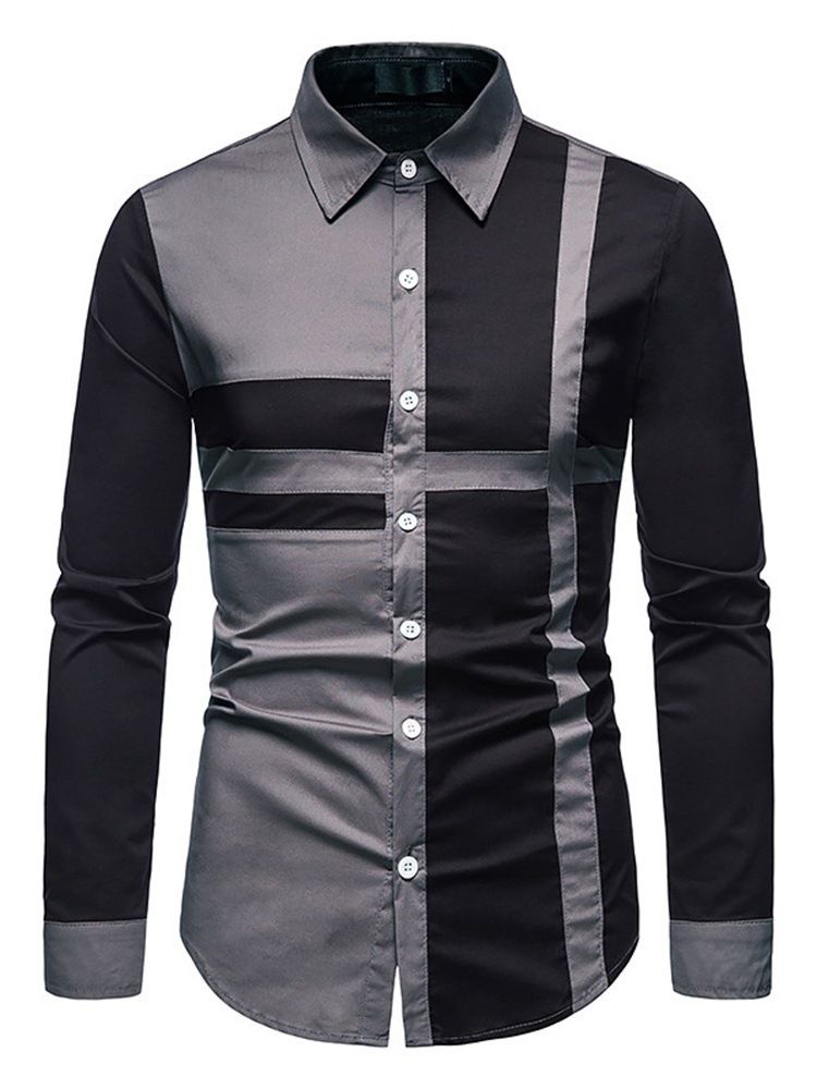 Casual Color Block Lapel Slim Enkelknäppt Skjorta