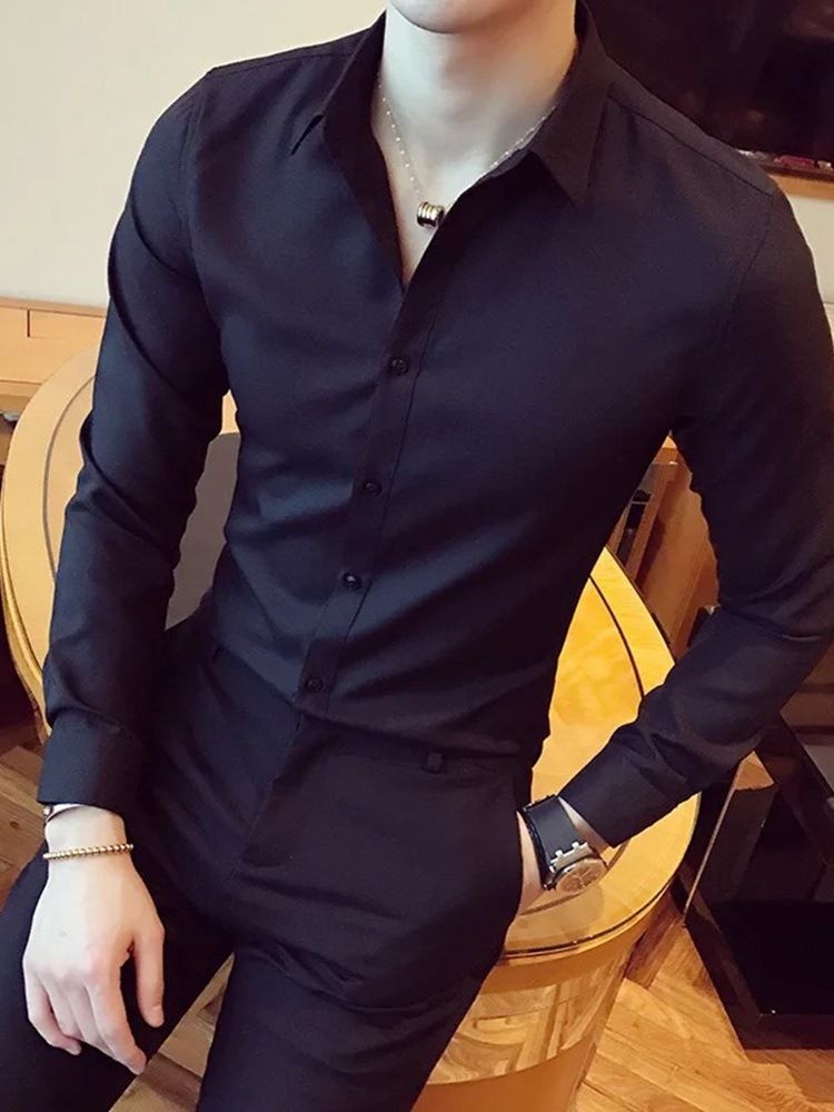 Casual Lapel Enkelfärgad Enkelknäppt Herrskjorta
