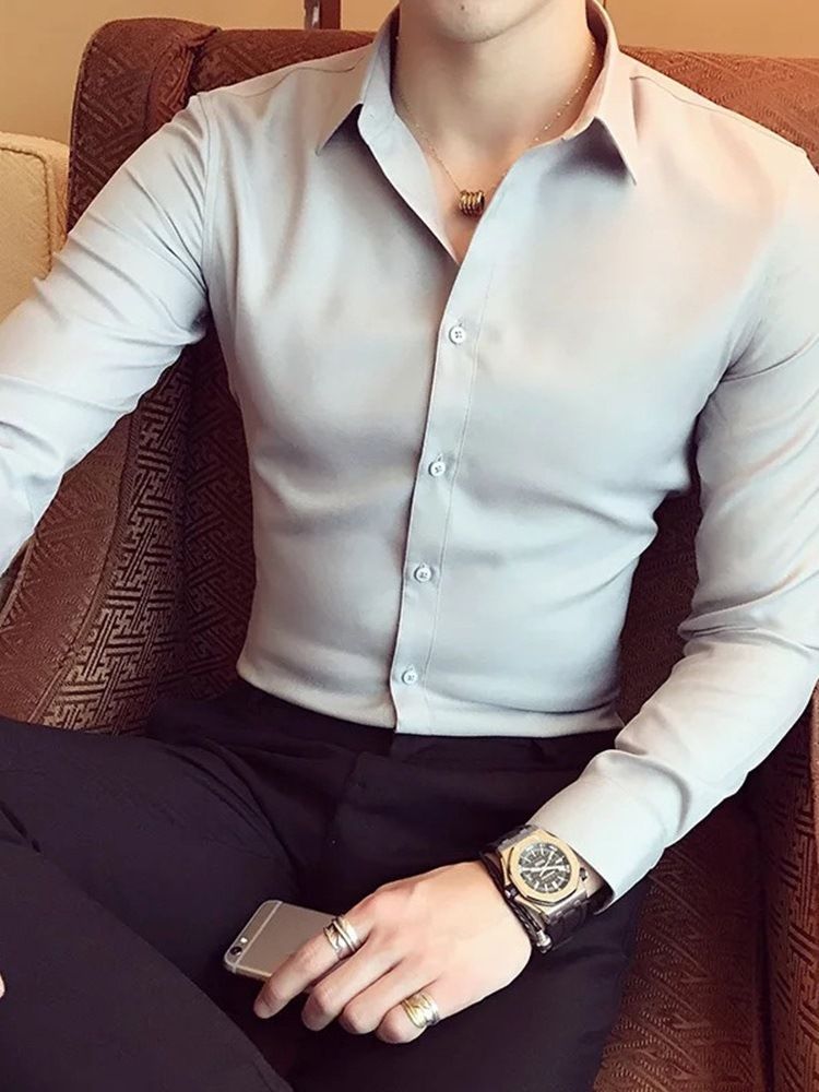 Casual Lapel Enkelfärgad Enkelknäppt Herrskjorta