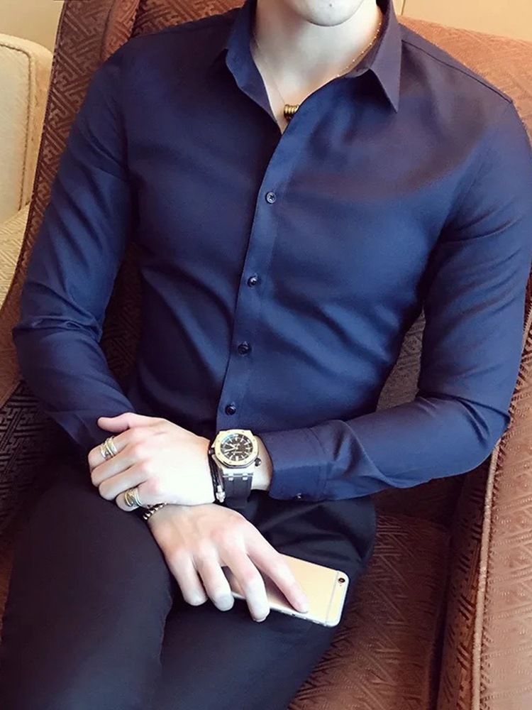 Casual Lapel Enkelfärgad Enkelknäppt Herrskjorta