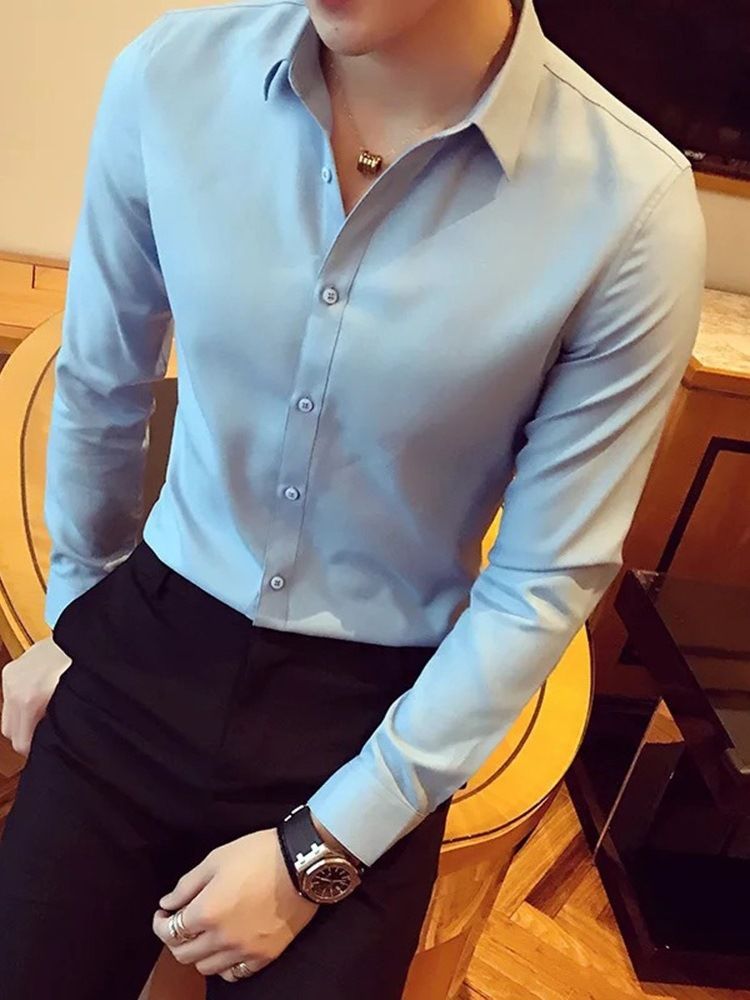Casual Lapel Enkelfärgad Enkelknäppt Herrskjorta