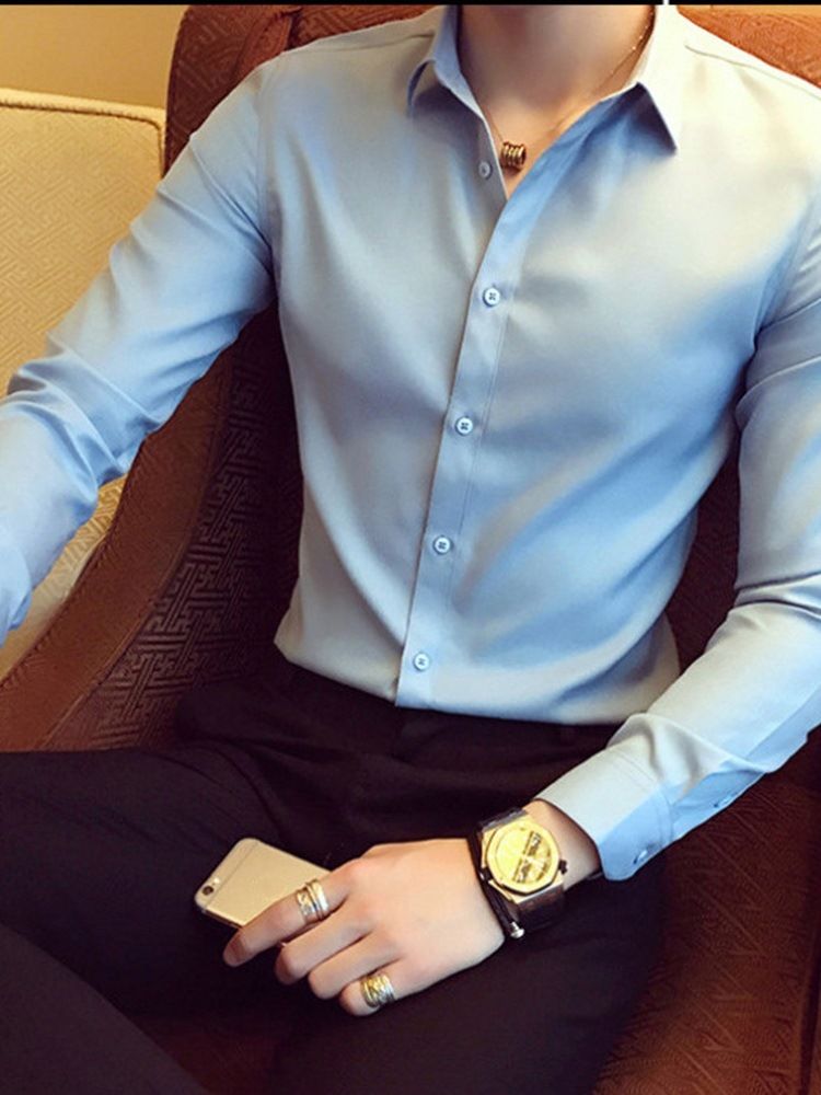 Casual Lapel Enkelfärgad Enkelknäppt Herrskjorta